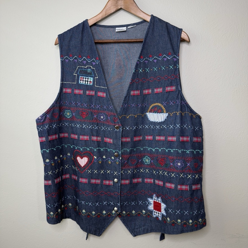Vintage Napa Valley 2XL 90's Vest Denim Patchwork Embroidery Teacher School